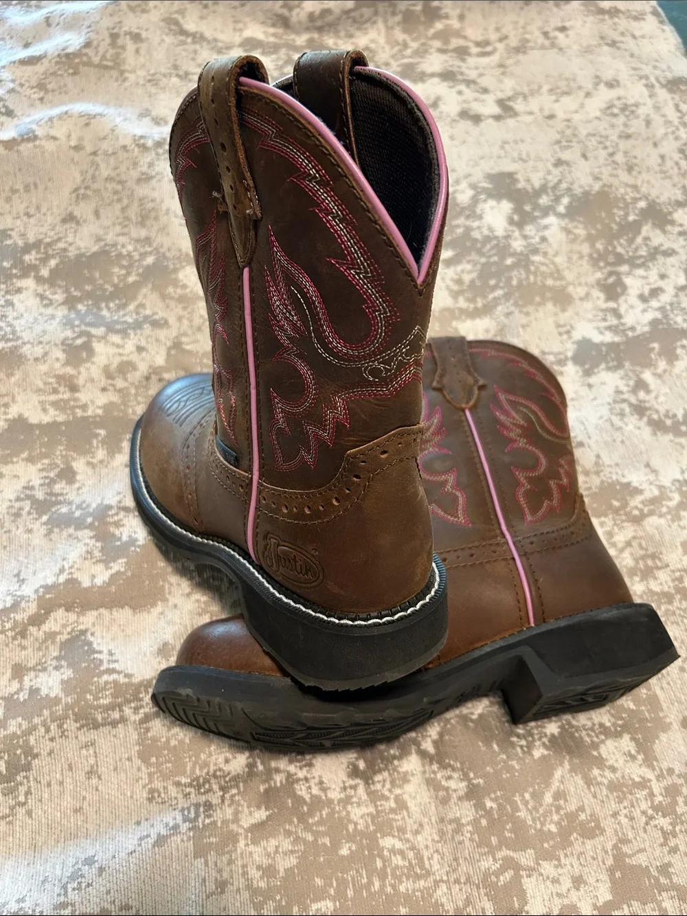 Justin Boots Brown Leather Steel Toe Western Work Boots with Pink Accents